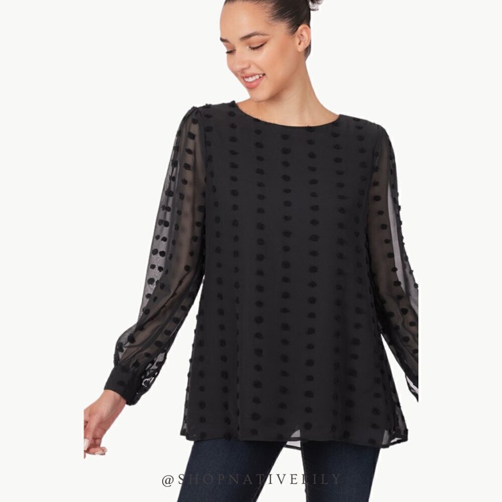 Zenana Swiss Dot Blouse Size Small Black Sheer Sleeve Pearl Detail NWT